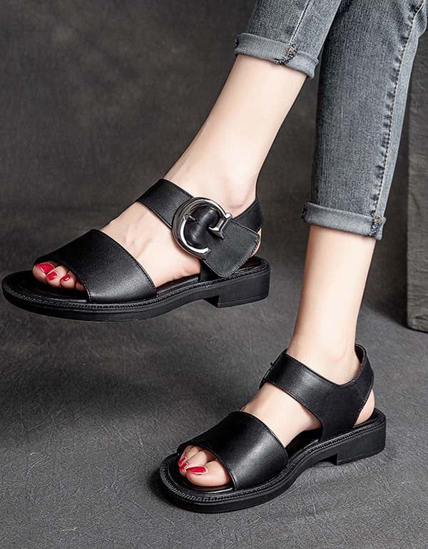 Handgefertigte Retro-sandalen Aus Leder Mit Großer Schnalle