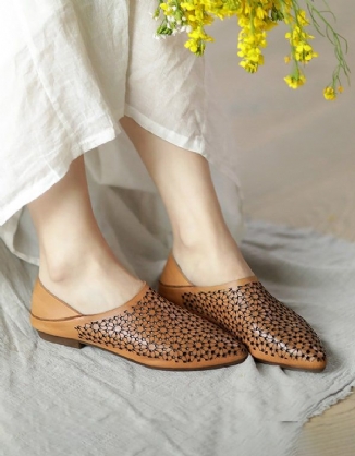 Pointed Toe Hollow Handgefertigte Retro Leder Flats