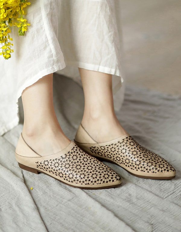 Pointed Toe Hollow Handgefertigte Retro Leder Flats