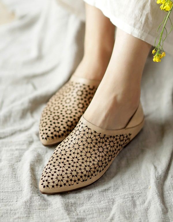 Pointed Toe Hollow Handgefertigte Retro Leder Flats