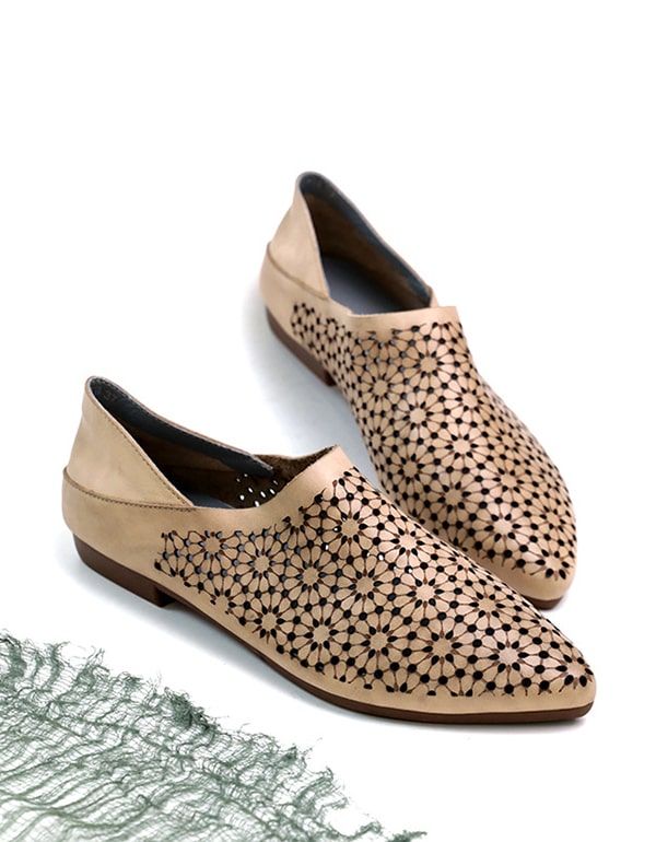 Pointed Toe Hollow Handgefertigte Retro Leder Flats