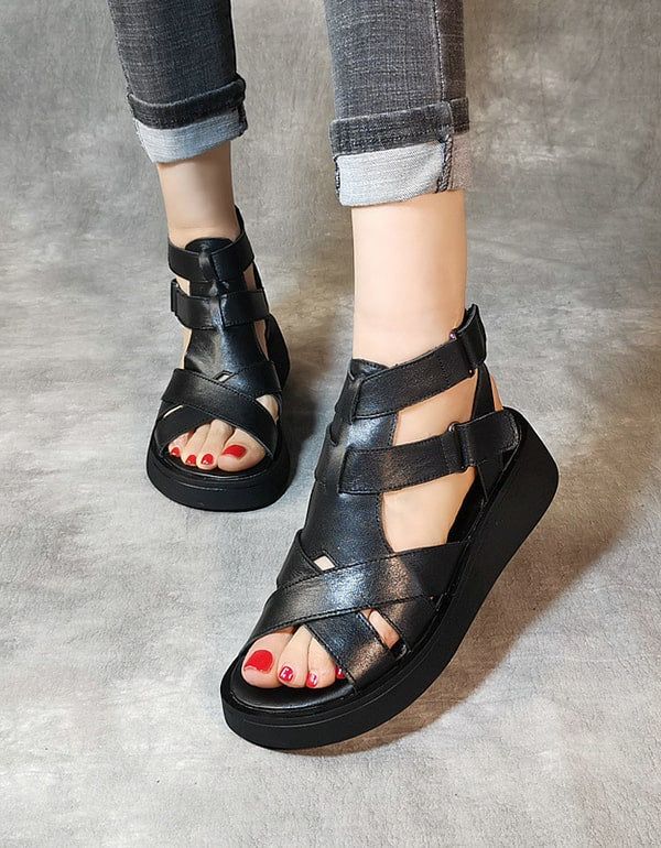 Retro-sommer-riemchensandalen Aus Leder Für Damen