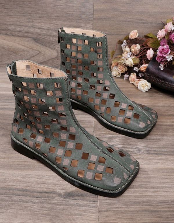 Square Head Handmade Hollow Green Summer Boots