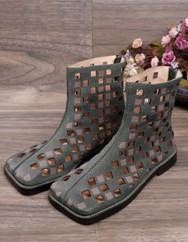 Square Head Handmade Hollow Green Summer Boots