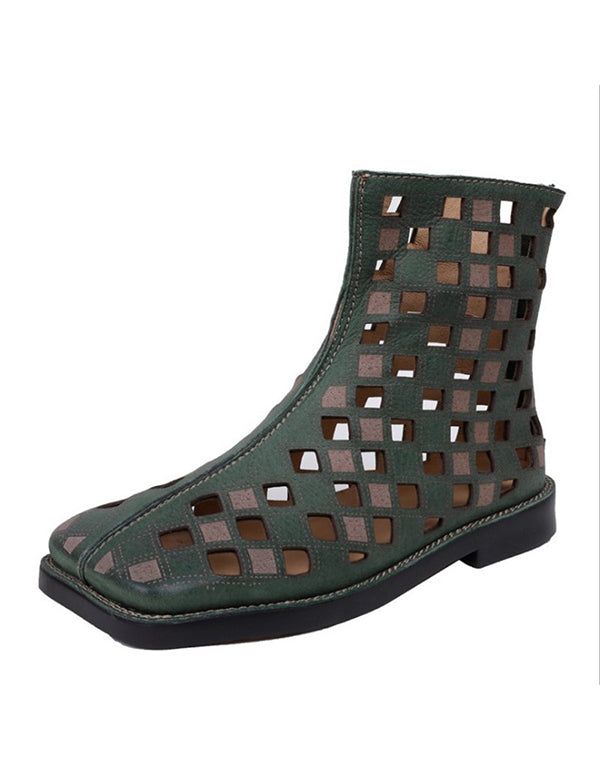 Square Head Handmade Hollow Green Summer Boots