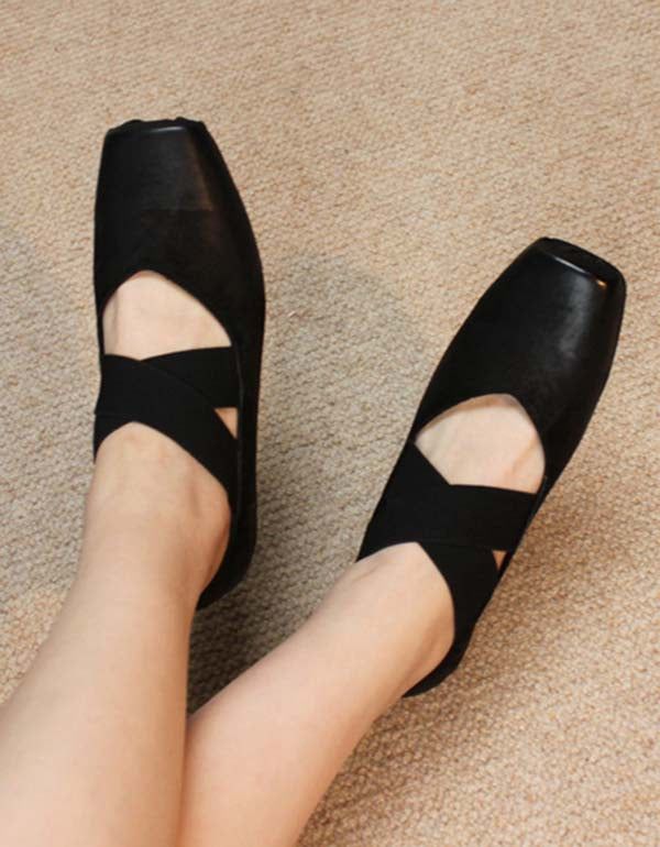 Spring Handmade Cross-strap Square-toe Ballerinas