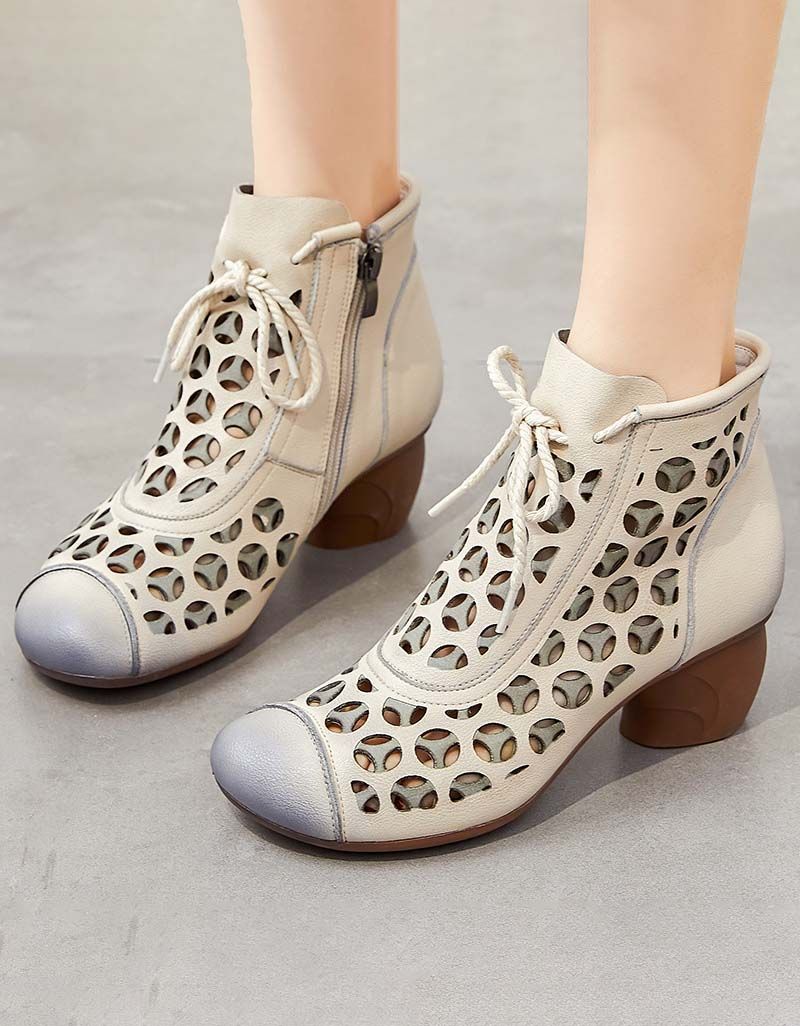 Spring Handmade Retro Hollow Ankle Chunky Boots