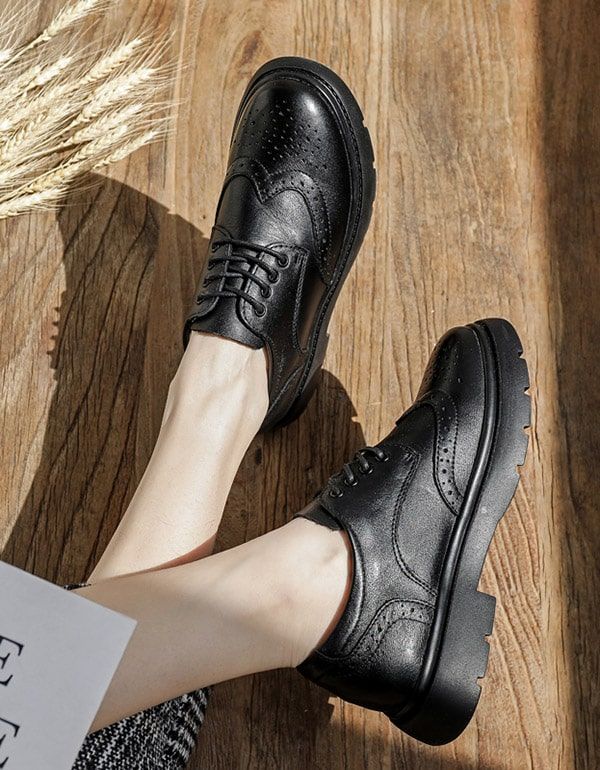 Oxford-schuhe Aus Echtem Leder Im Britischen Stil Mit Dickem Absatz