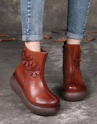 Blumen-retro-keilstiefeletten Aus Leder