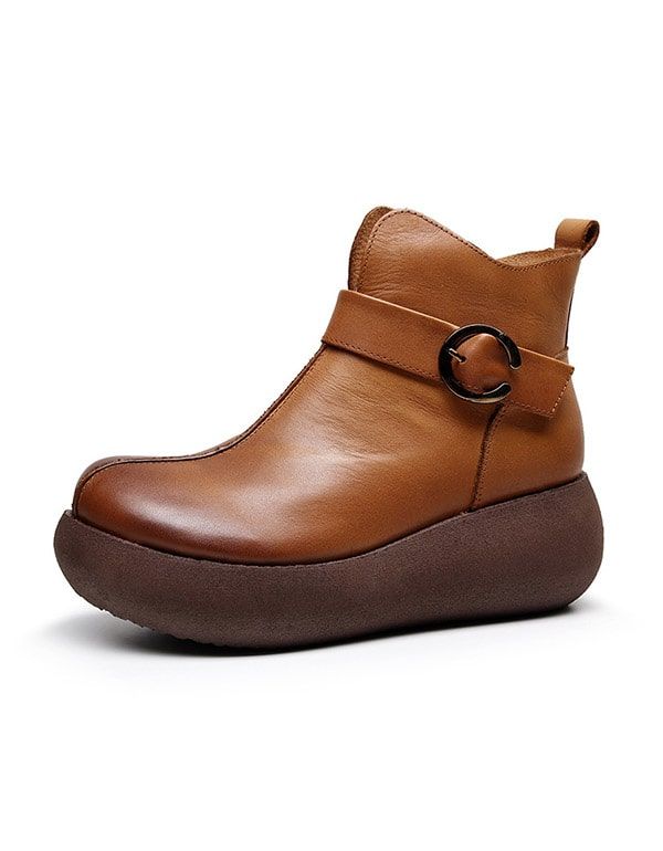 Damen Retro-lederschnalle Plateaustiefel