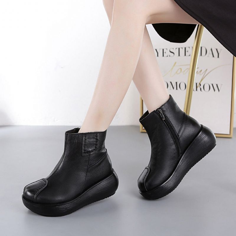 Dicke Damen-plateaustiefel Aus Leder Im Retro-stil