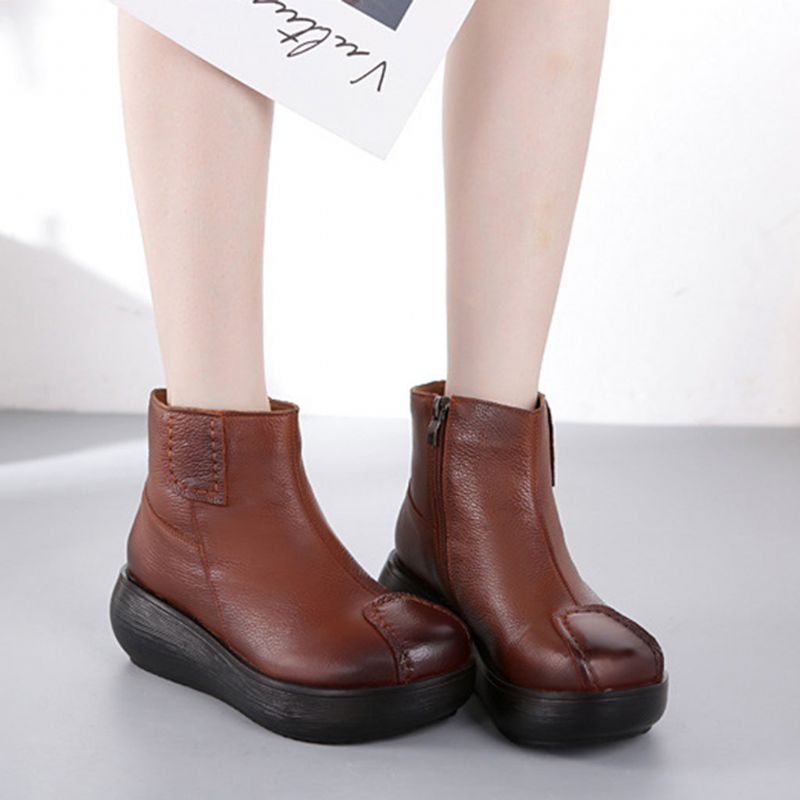 Dicke Damen-plateaustiefel Aus Leder Im Retro-stil