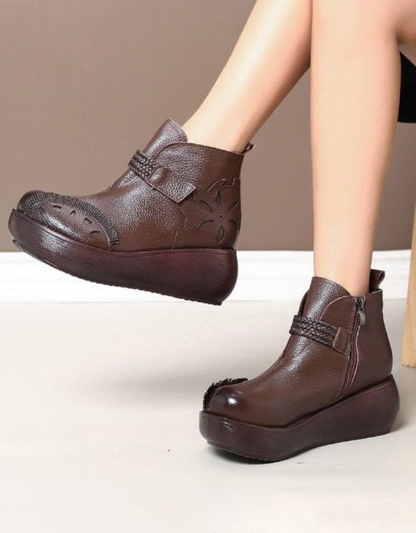 Frühlings-herbst-retro-leder-keil-stiefeletten