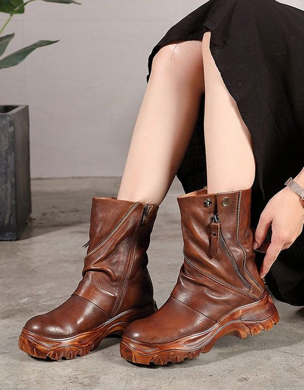 Handgefertigte Mid-tube-damen-plateaustiefel Aus Leder Im Retro-stil