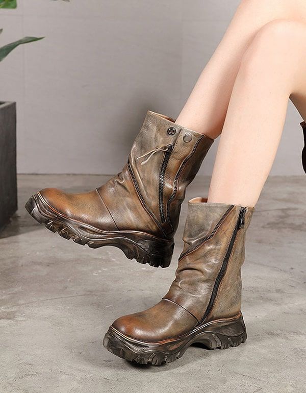 Handgefertigte Mid-tube-damen-plateaustiefel Aus Leder Im Retro-stil