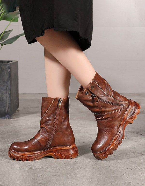 Handgefertigte Mid-tube-damen-plateaustiefel Aus Leder Im Retro-stil