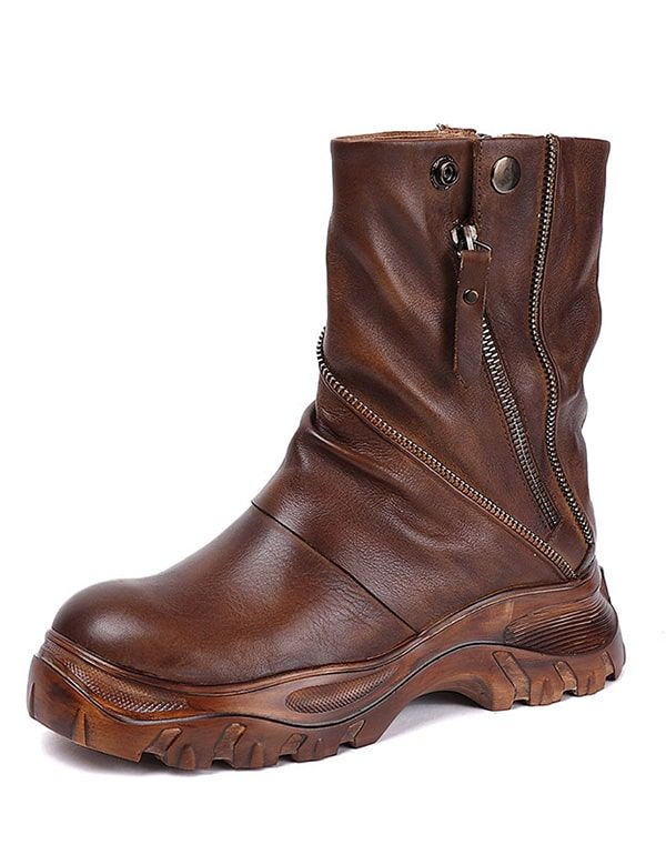 Handgefertigte Mid-tube-damen-plateaustiefel Aus Leder Im Retro-stil