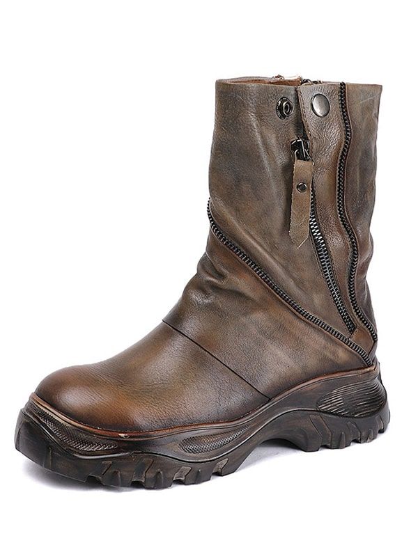 Handgefertigte Mid-tube-damen-plateaustiefel Aus Leder Im Retro-stil