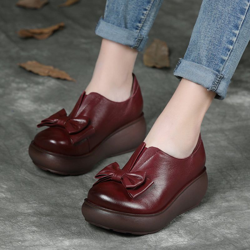 Herbst Leder Retro Bowknot Plateauschuhe