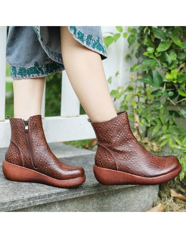 Herbst Retro Keilstiefel Aus Leder Mit Schlangenmuster