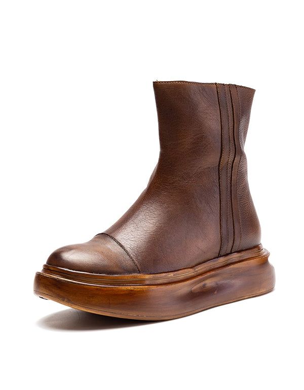 Herbstliche Retro-leder-plateaustiefel Mit Dicken Sohlen