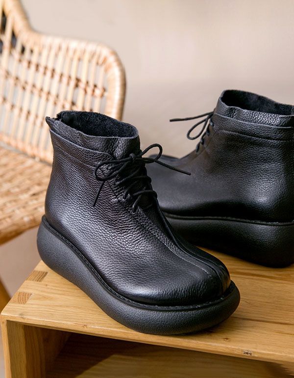 Retro-leder-frauen-keil-kurzstiefel