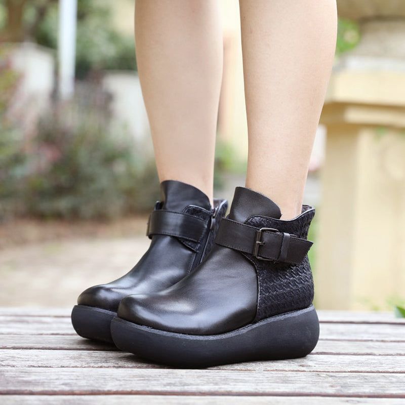 Retro Leder Handgefertigte Keilstiefel Für Damen