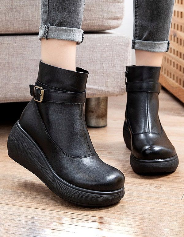 Rutschfeste Retro-keilstiefel Aus Leder Für Den Winter