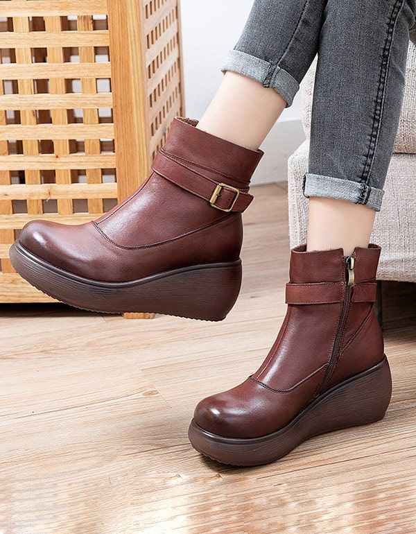 Rutschfeste Retro-keilstiefel Aus Leder Für Den Winter