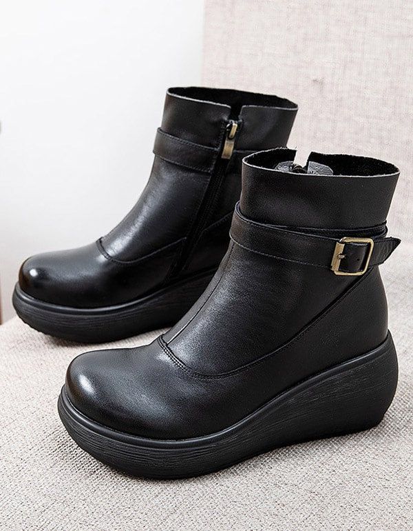 Rutschfeste Retro-keilstiefel Aus Leder Für Den Winter