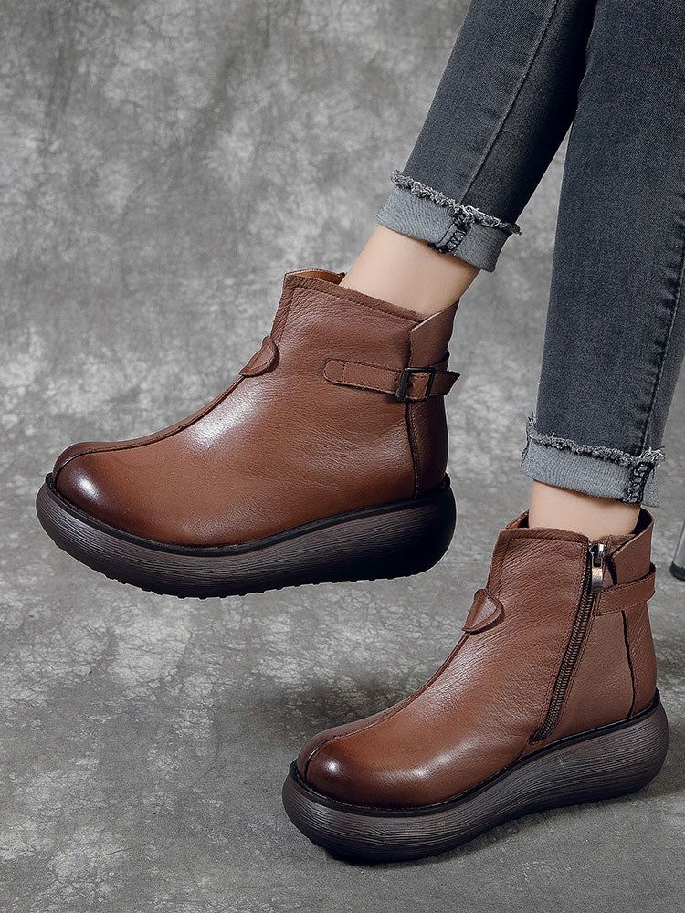 Wasserdichte Retro-stiefel Aus Leder Mit Keilabsatz Für Damen