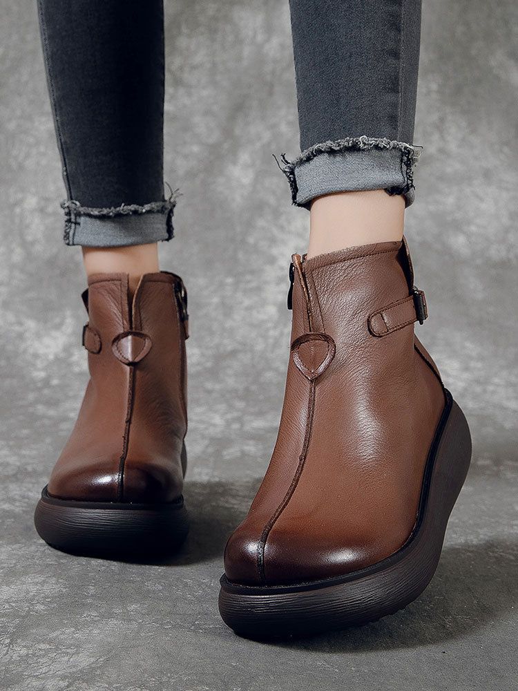 Wasserdichte Retro-stiefel Aus Leder Mit Keilabsatz Für Damen