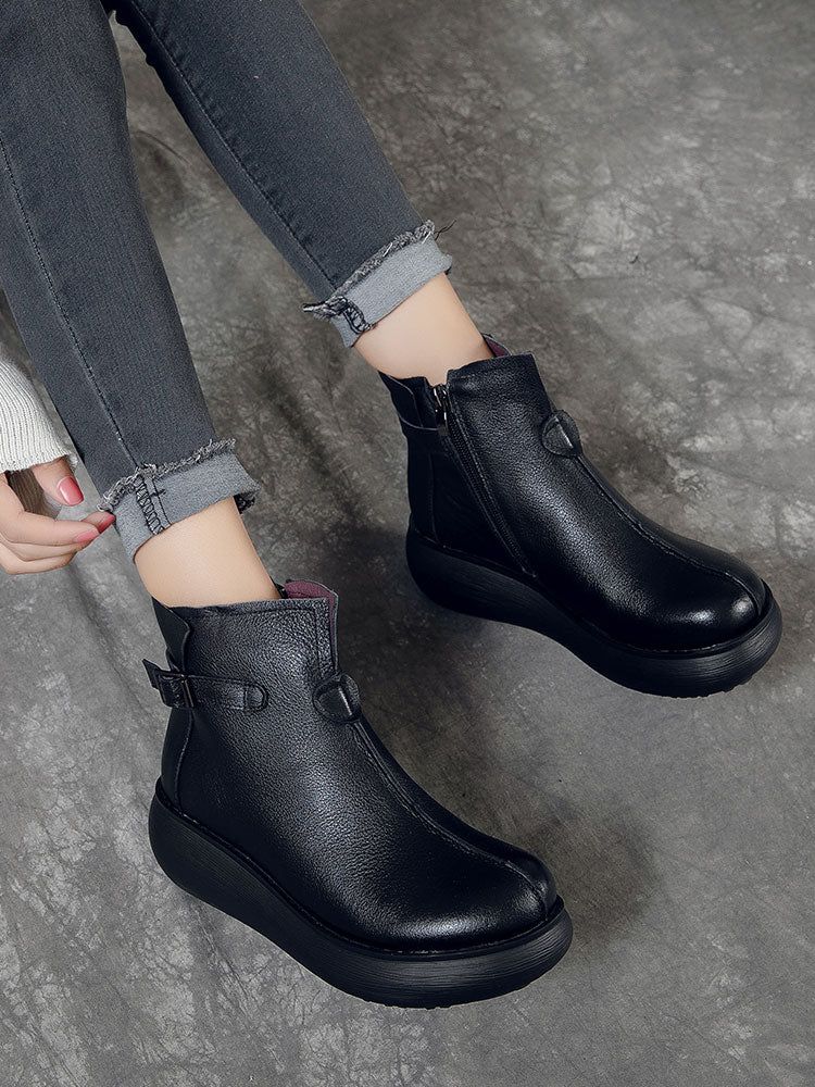 Wasserdichte Retro-stiefel Aus Leder Mit Keilabsatz Für Damen