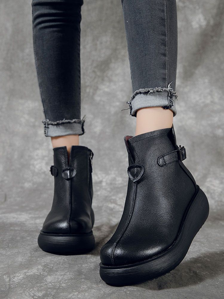 Wasserdichte Retro-stiefel Aus Leder Mit Keilabsatz Für Damen